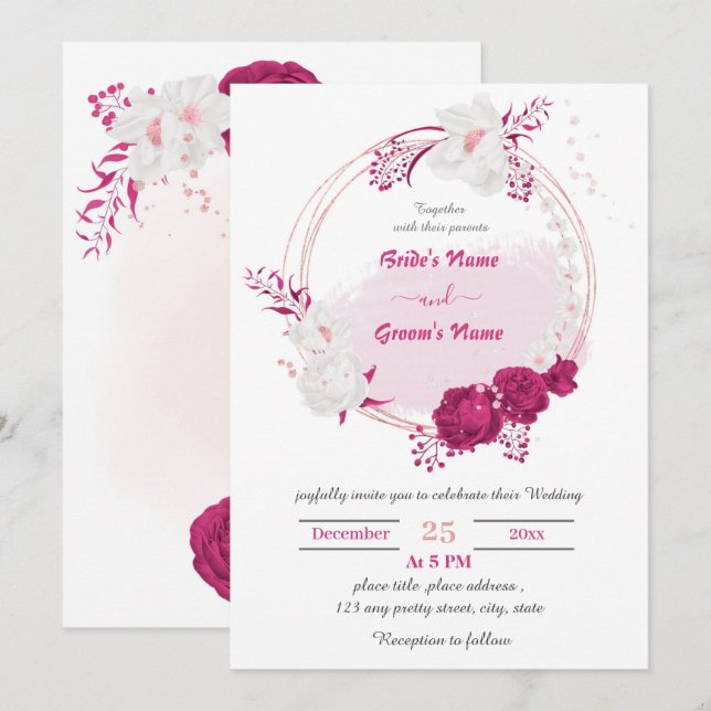 fuchsia & white floral wreath wedding invitation (Front/Back)