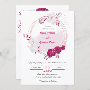 fuchsia & white floral wreath wedding invitation