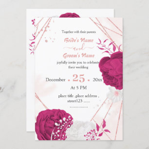 fuchsia white flowers geometric wedding invitation