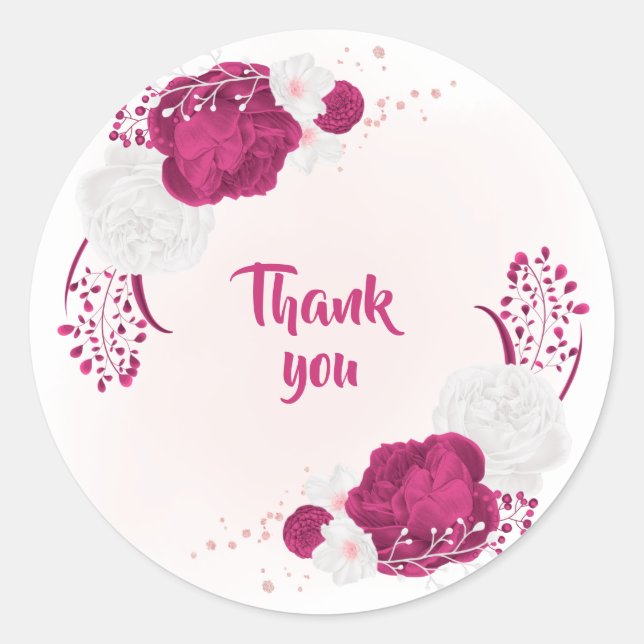 fuchsia & white flowers thank you classic round sticker (Front)