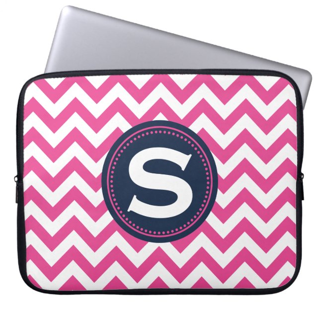 Fuchsia White Monogram Chevron Pattern Laptop Sleeve (Front)