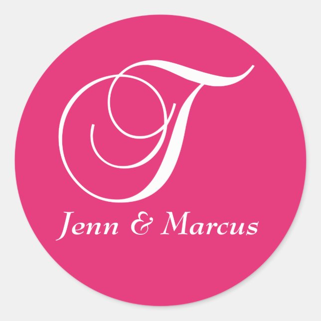 Fuchsia White Monogram T Names Wedding Sticker (Front)