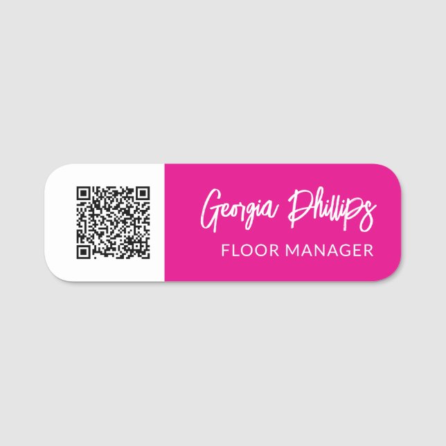 Fuchsia & White QR Code Brush Script Name Tag (Front)