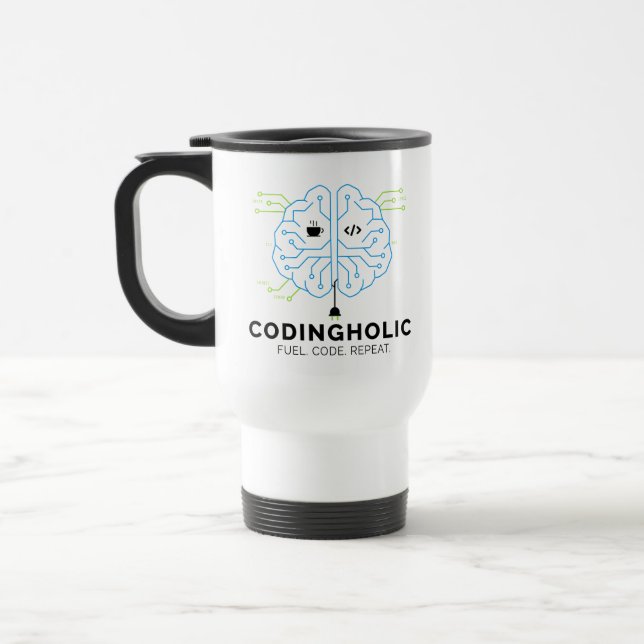 Fuel Your Brain Coding Addict Developer Travel Mug (Left)