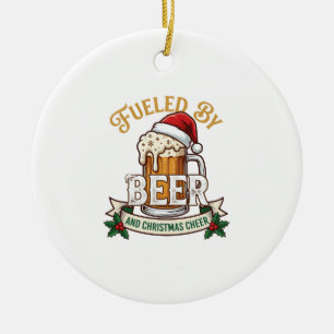 Fueled Beer Christmas Cheer Mug Santa Hat Holly Ceramic Ornament