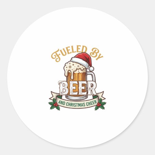 Fueled Beer Christmas Cheer Mug Santa Hat Holly Classic Round Sticker