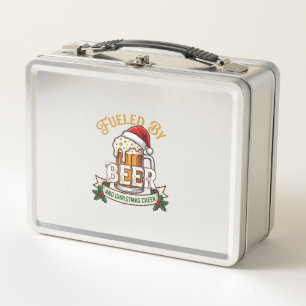 Fueled Beer Christmas Cheer Mug Santa Hat Holly Metal Lunch Box