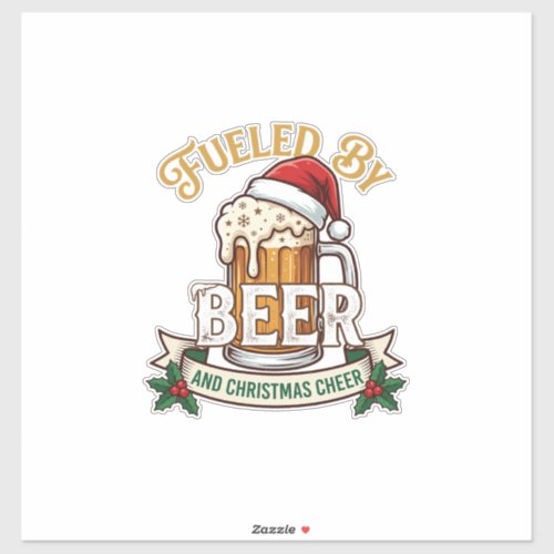 Fueled Beer Christmas Cheer Mug Santa Hat Holly Sticker