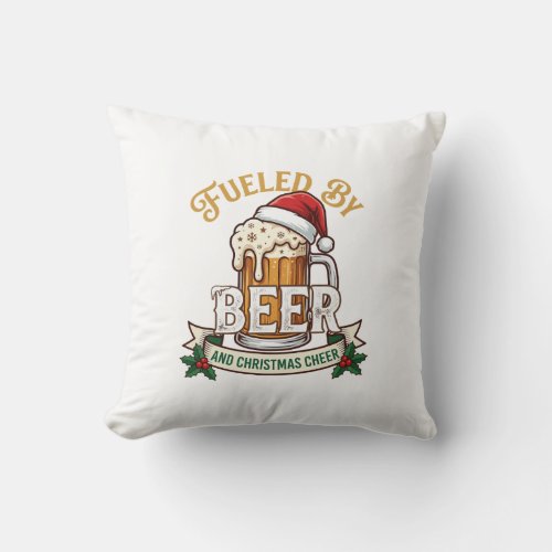Fueled Beer Christmas Cheer Mug Santa Hat Holly Throw Pillow