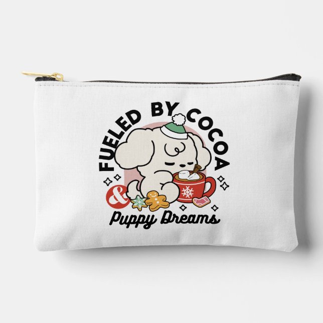 Fueled by Cocoa and Puppy Dreams – Cute Winter Dog Accessory Pouch (Front)