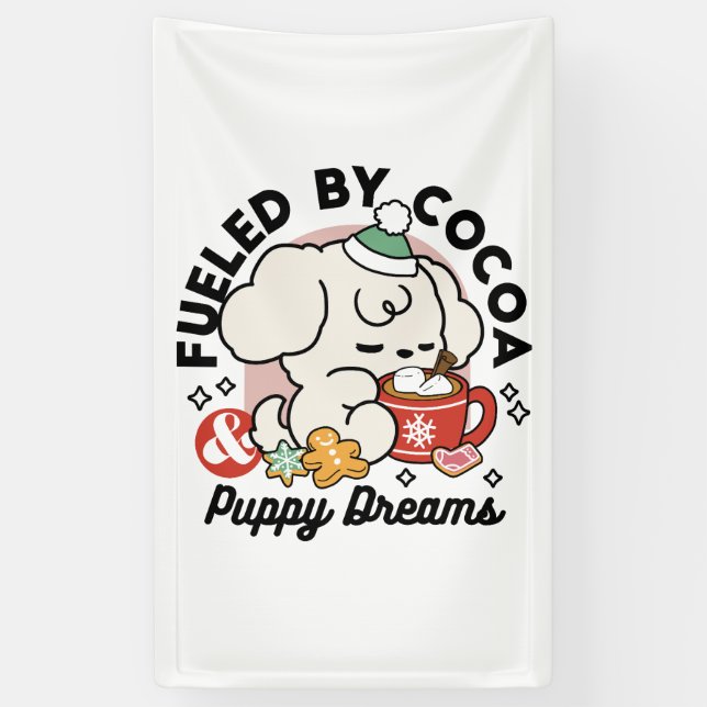 Fueled by Cocoa and Puppy Dreams – Cute Winter Dog Banner (Vertical)