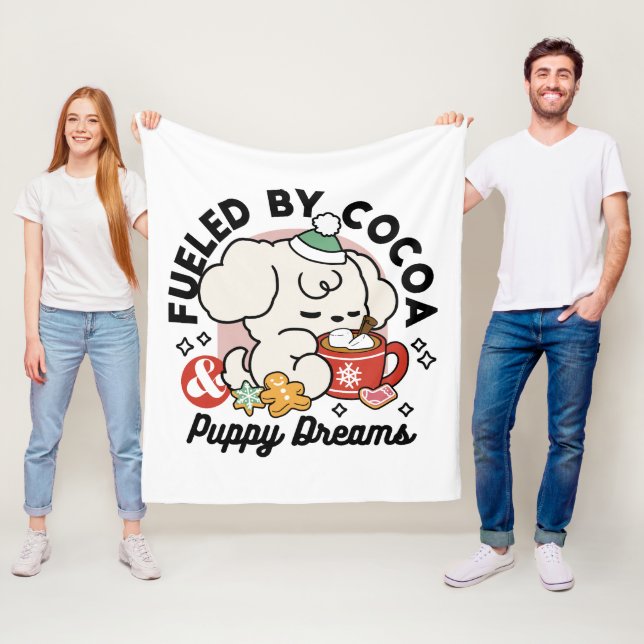 Fueled by Cocoa and Puppy Dreams – Cute Winter Dog Fleece Blanket (In Situ)