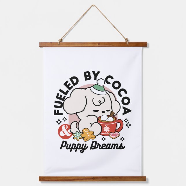 Fueled by Cocoa and Puppy Dreams – Cute Winter Dog Hanging Tapestry (Front)