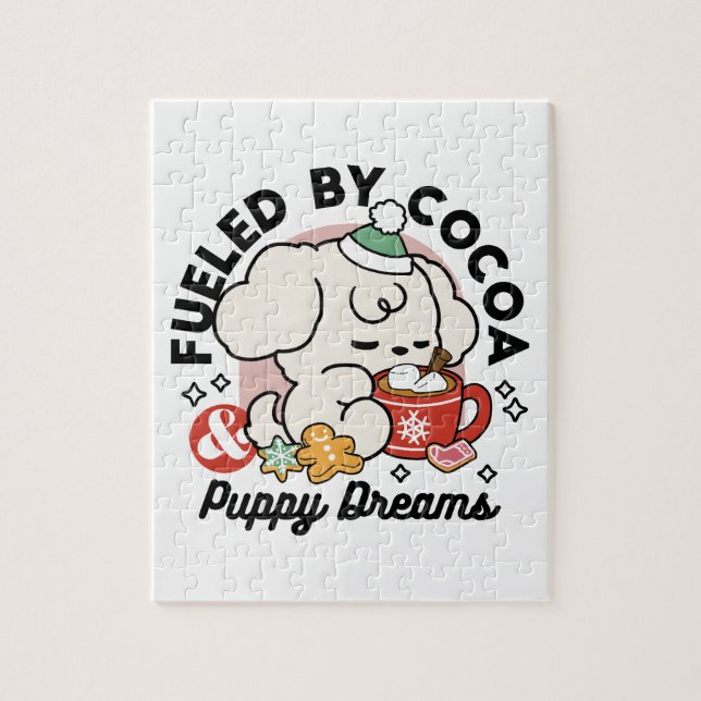 Fueled by Cocoa and Puppy Dreams – Cute Winter Dog Jigsaw Puzzle (Vertical)