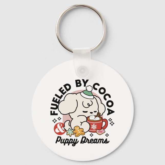 Fueled by Cocoa and Puppy Dreams – Cute Winter Dog Keychain (Front)