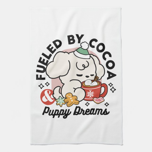 Fueled by Cocoa and Puppy Dreams – Cute Winter Dog Kitchen Towel (Vertical)