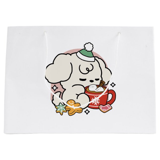 Fueled by Cocoa and Puppy Dreams – Cute Winter Dog Large Gift Bag (Front)