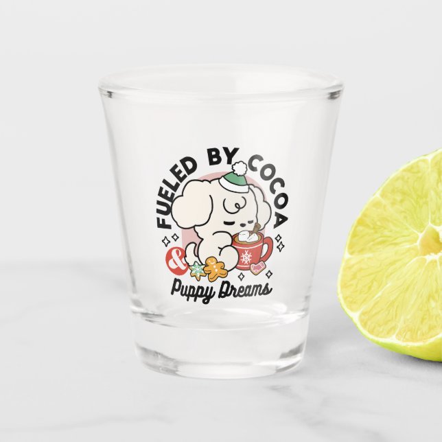 Fueled by Cocoa and Puppy Dreams – Cute Winter Dog Shot Glass (Front)