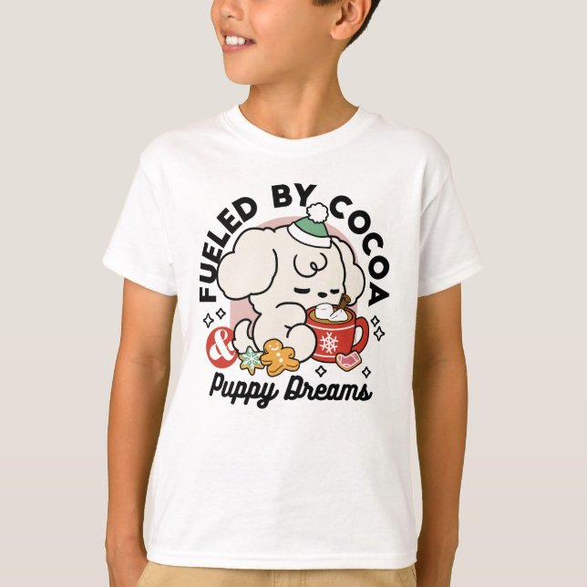 Fueled by Cocoa and Puppy Dreams – Cute Winter Dog T-Shirt (Front)