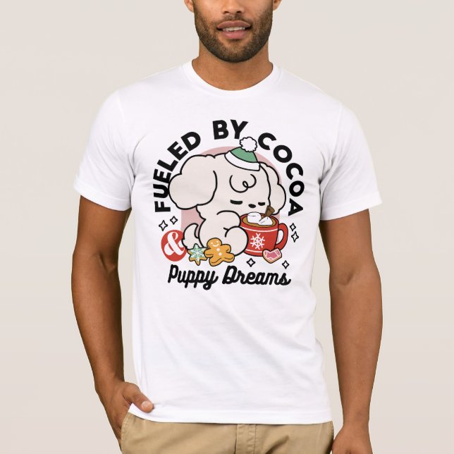 Fueled by Cocoa and Puppy Dreams – Cute Winter Dog T-Shirt (Front)