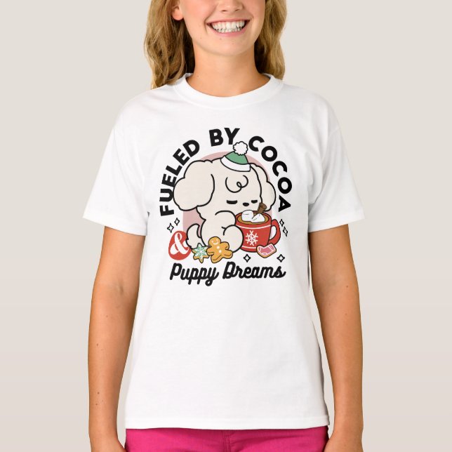 Fueled by Cocoa and Puppy Dreams – Cute Winter Dog T-Shirt (Front)