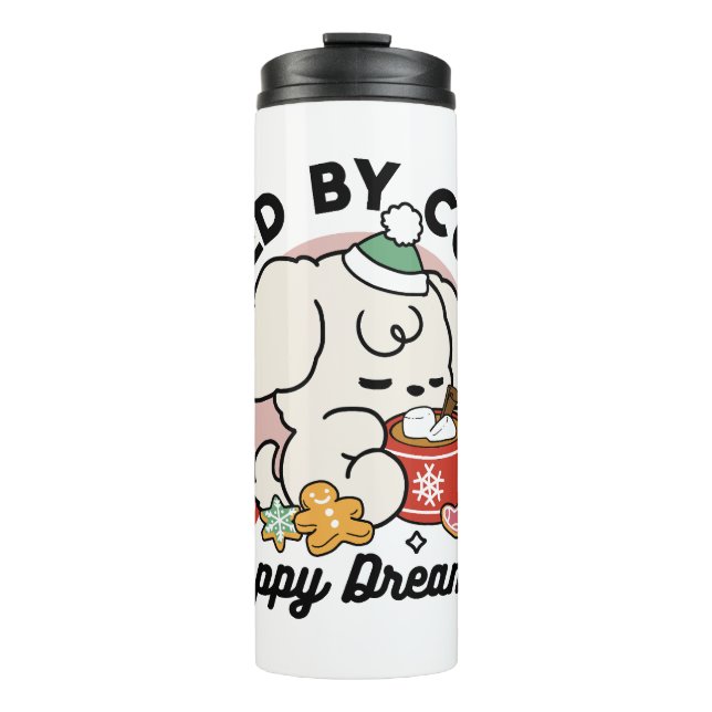 Fueled by Cocoa and Puppy Dreams – Cute Winter Dog Thermal Tumbler (Front)