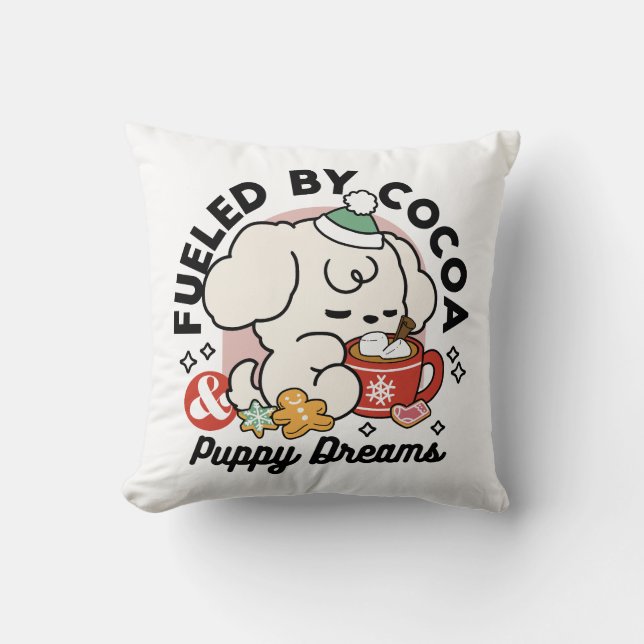 Fueled by Cocoa and Puppy Dreams – Cute Winter Dog Throw Pillow (Front)