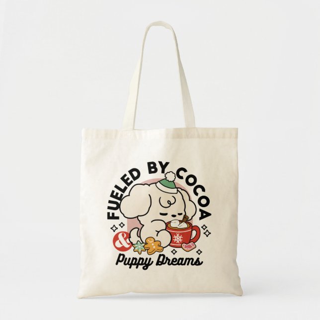 Fueled by Cocoa and Puppy Dreams – Cute Winter Dog Tote Bag (Front)