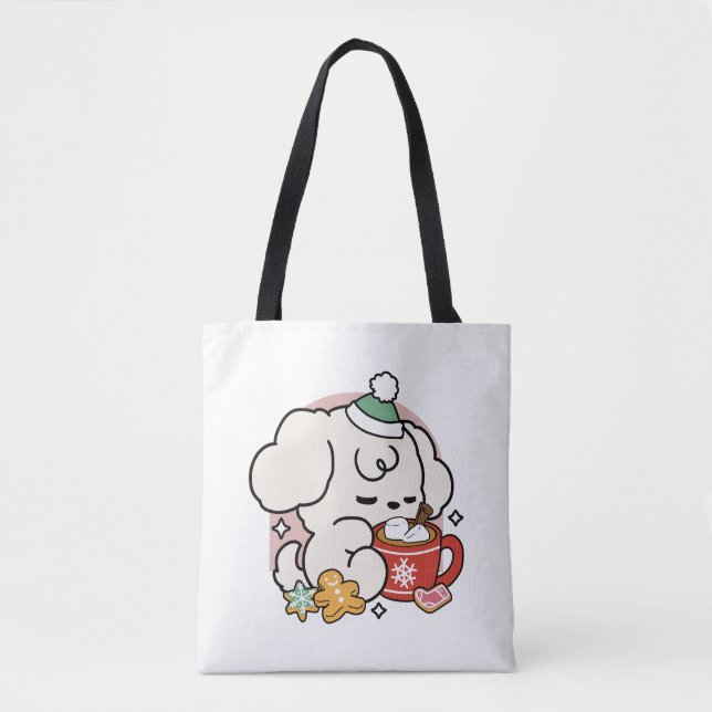 Fueled by Cocoa and Puppy Dreams – Cute Winter Dog Tote Bag (Front)