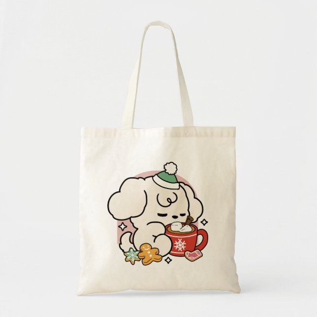 Fueled by Cocoa and Puppy Dreams – Cute Winter Dog Tote Bag (Front)