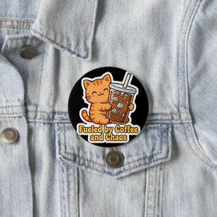 Fueled by Coffee and Chaos Cute Orange Cat Button