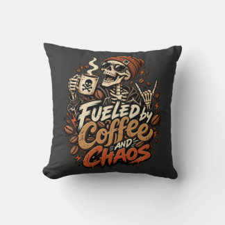 Fueled by Coffee and Chaos Skeleton Throw Pillow