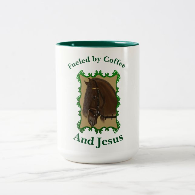 Fueled by Coffee and Jesus .horse Two-Tone Coffee Mug (Center)