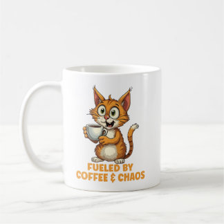 Fueled By Coffee & Chaos, Funny Cat With Coffee Coffee Mug