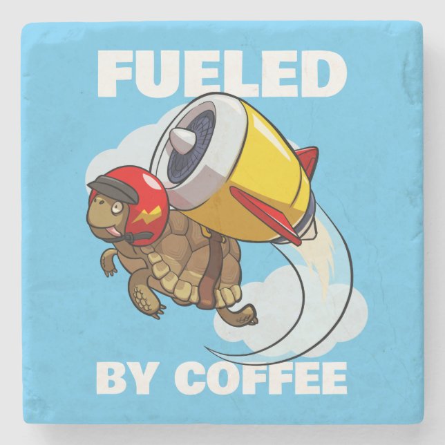 Fueled By Coffee Funny Flying Tortoise Cartoon Stone Coaster (Front)