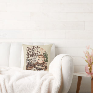 Fueled by Coffee & Good Vibes – Cute Coffee Lover Throw Pillow