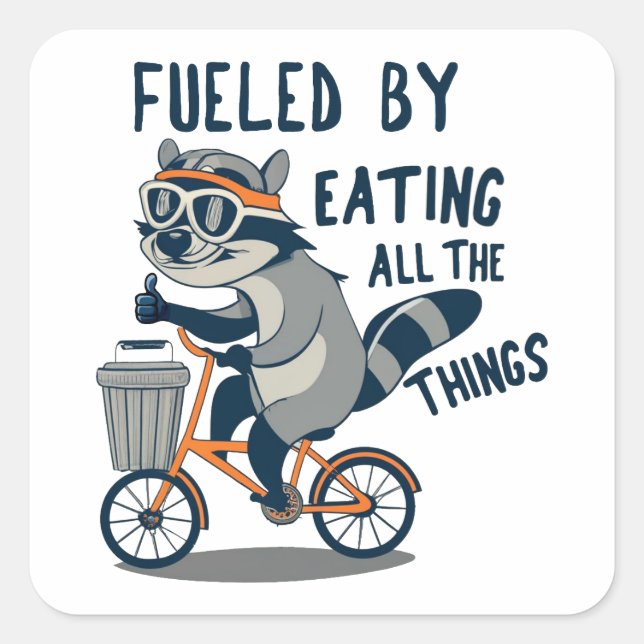 Fueled By Eating All The Things Racoon Cycling Square Sticker (Front)
