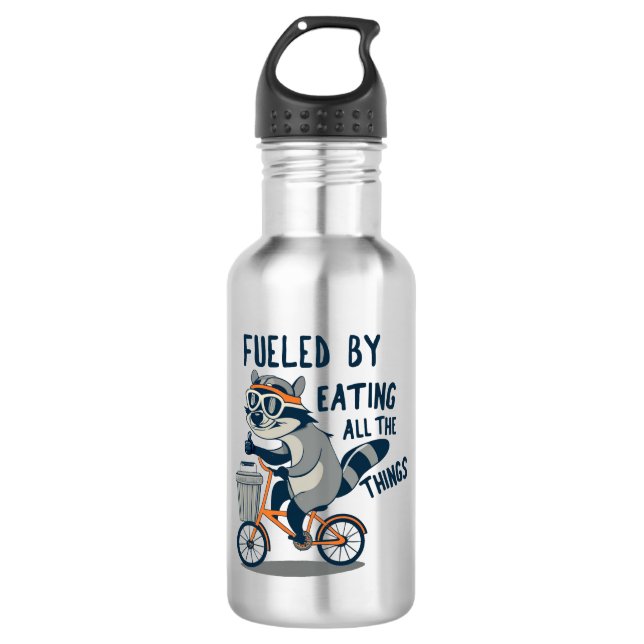 Fueled By Eating All The Things Racoon Cycling Stainless Steel Water Bottle (Front)