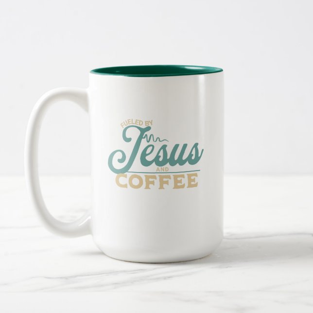 Fueled by Jesus and Coffee Christian Design Two-Tone Coffee Mug (Left)