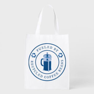 Fueled by Recycled Coffee Beans Round Badge - Blue Grocery Bag