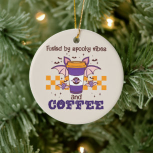 Fueled By Spooky Vibes and Coffee – Halloween Bat Ceramic Ornament