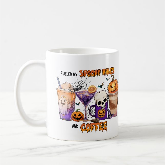 Fueled by Spooky Vibes Coffee Drinks Halloween Fun Mug (Left)