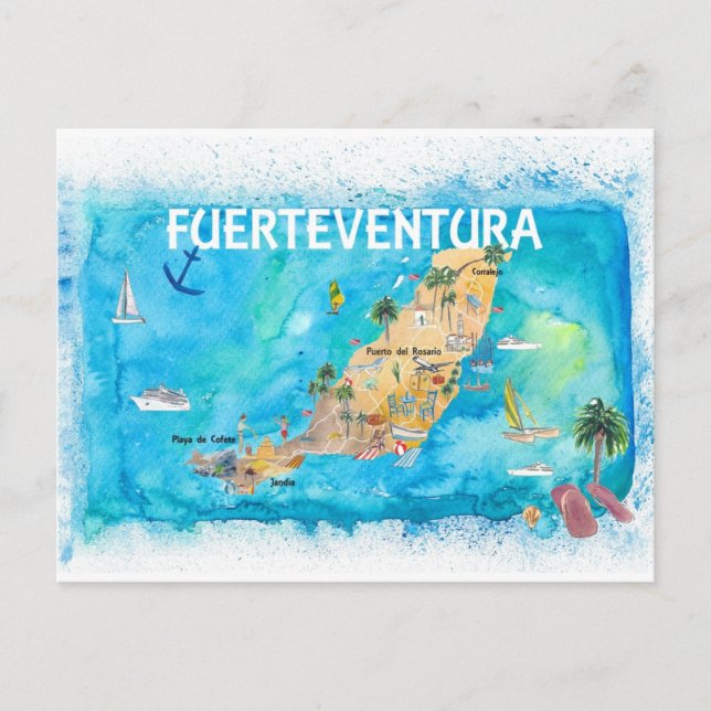 Fuerteventura Canarias Spain Illustrated Map  Postcard (Front)