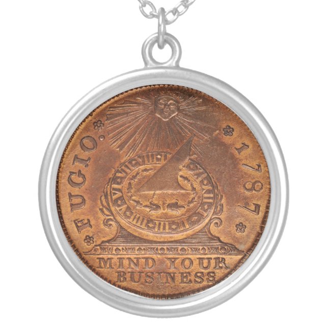 Fugio Cent Mind Your Business Copper Penny Silver Plated Necklace (Front)