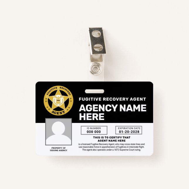 FUGITIVE RECOVERY AGENT BADGE  (Front with Clip)