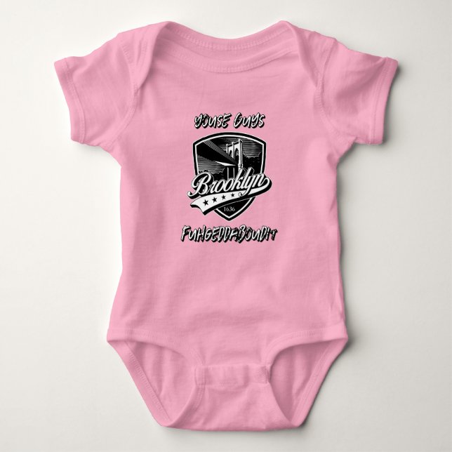 Fuhgeddaboudit Brooklyn Logo Design Baby Bodysuit (Front)
