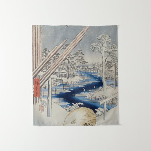 Fukagawa Lumberyards in Snow Vintage Ukiyo_e Tapestry