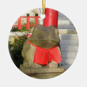 Fuku Kaeru 福かえる Fortune Frog with Red Yodarekake Ceramic Ornament