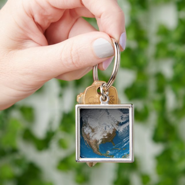 Ful Earth With Simulated Clouds Over North America Keychain (Hand)