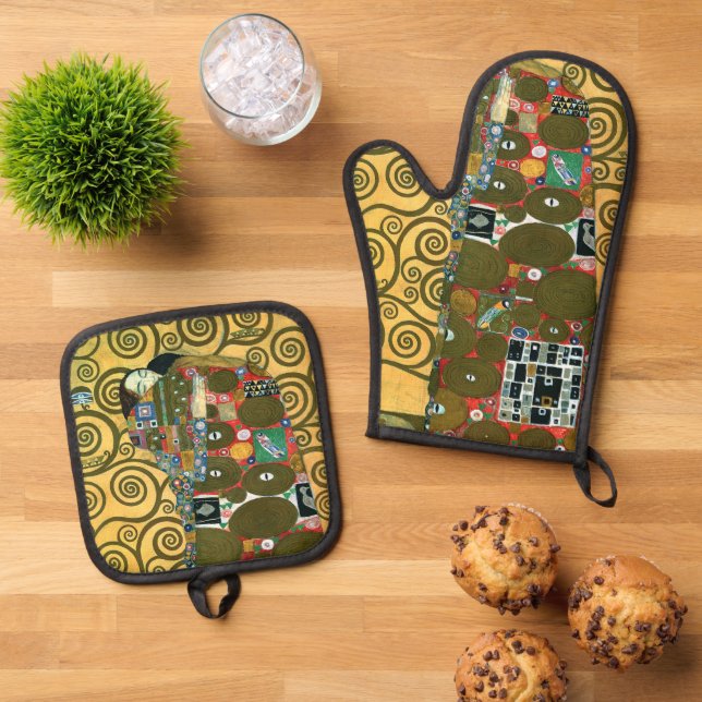 Fulfillment aka The Embrace by Gustav Klimt Oven Mitt & Pot Holder Set (Top Down)